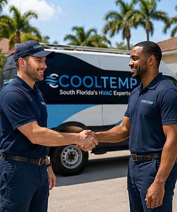 Cool Temp technicians shaking hands in front of the company service van