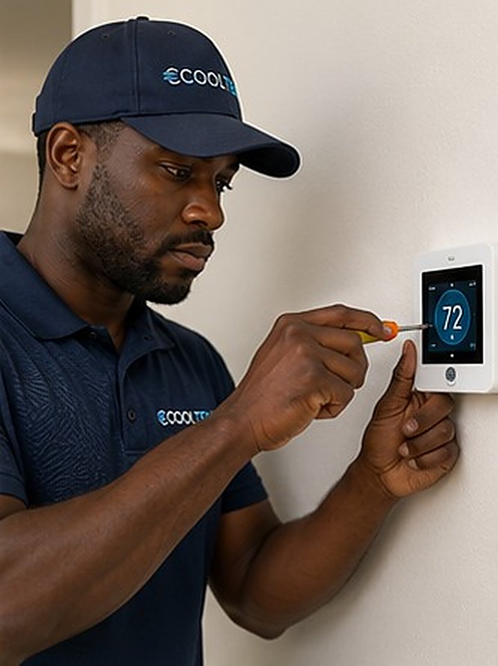 Cool Temp technician setting a smart thermostat