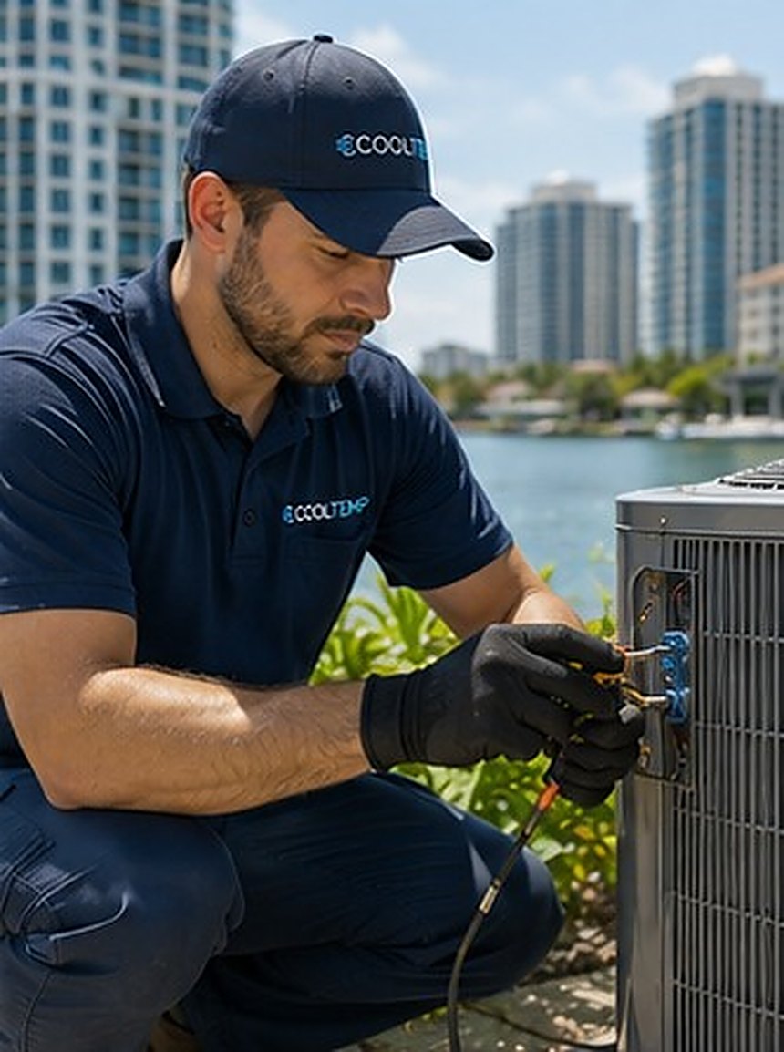 Cool Temp Florida HVAC technician servicing an air conditioner with the South Florida skyline